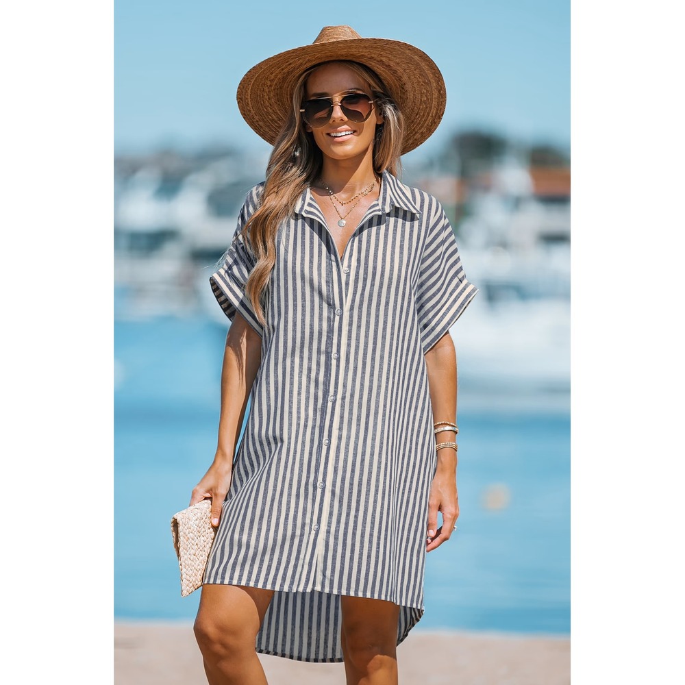 Cupshe Blue and White Striped Button-Front Mini Shirt Dress